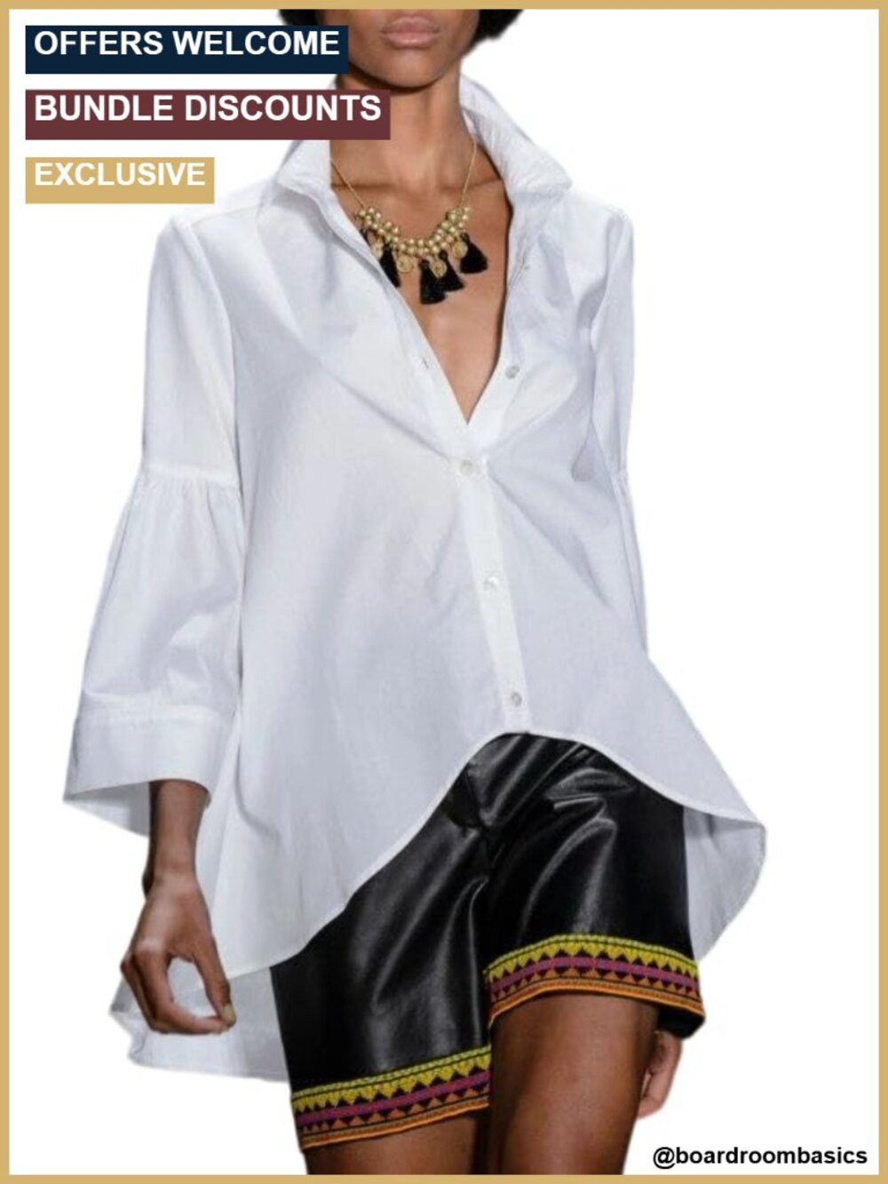 Womens 100% Cotton Button Down Blouse 3/4 Flare Sleeve High Low Work Shirt